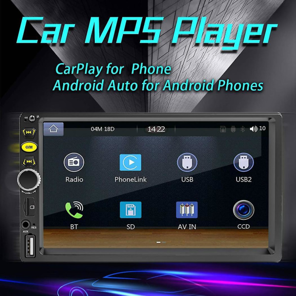 2 Din 7 tums pekskärm Bilradio Bilstereo Mp5-spelare med Carplay Android Auto Bluetooth Aux U