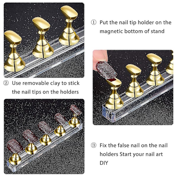 4 sæt akryl negle display stand negle tip holder magnetisk negle praksis stand fingernegl diy negle kunst stand til falske negle tip manicure værktøj (sort,