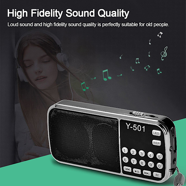 Y-501 Mini FM-radio, digitaalinen kannettava 3 W:n stereokaiutin, MP3-audiosoitin, korkea äänenlaatu, 0,75 tuuman näyttö, LED-taskulamppu, tuki