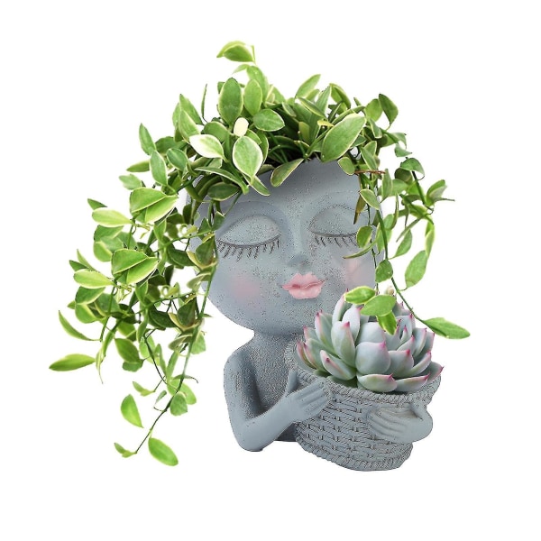 Ansigt Planter Pot - Dobbelt urtepotter i én til indendørs udendørs planter Resin Cute Lady Face grey