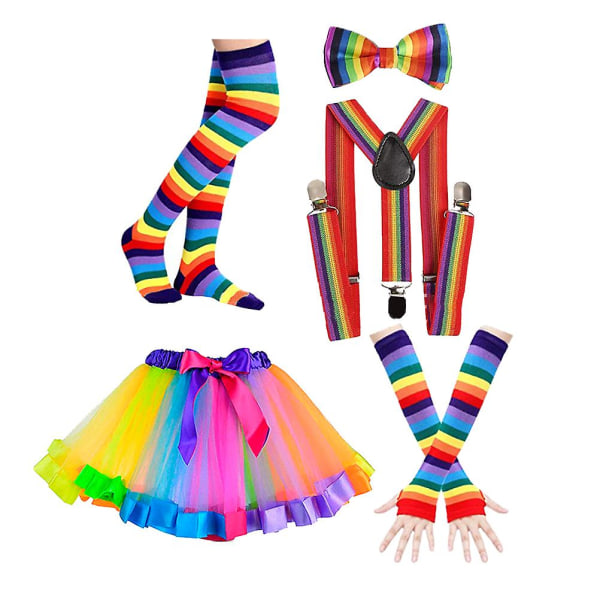 1 sæt festkostume Neon-tema Komfortable regnbuehandsker Sløjfestrømper Tutu-kjole til voksne damer