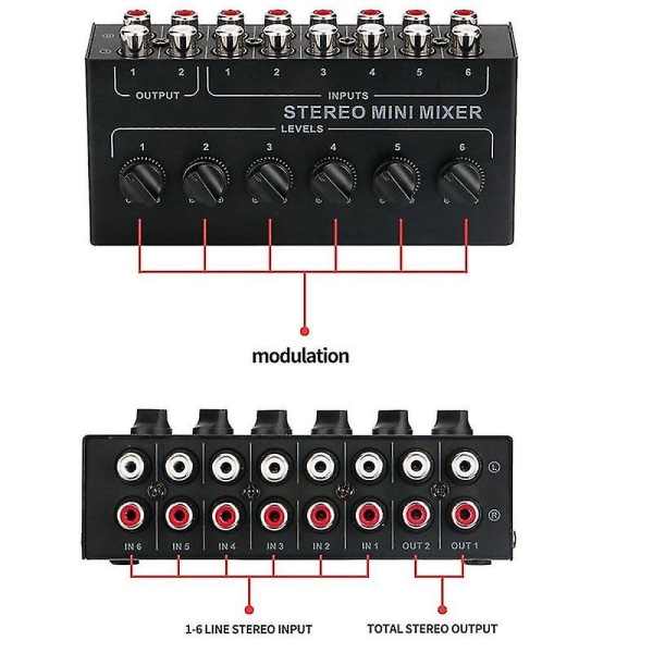 Cx600 Mini Stereo 6-kanals Passiv Mikser Rca Bærbar Lydmikser 6 Inn 2 Ut Stereo Distributør Vo