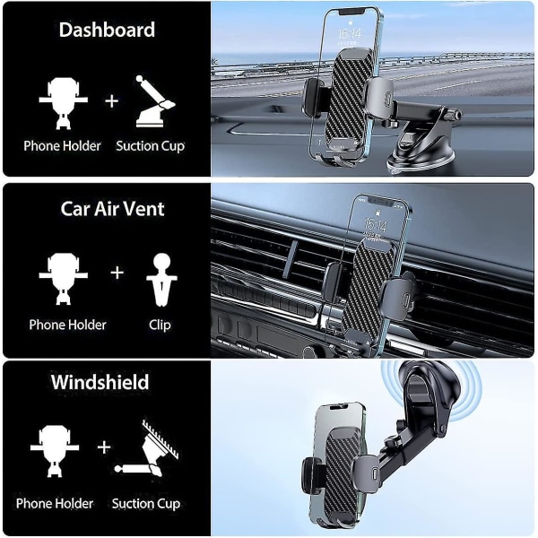 Telefonhållare Biltelefonfäste, Biltelefonhållare för bilens instrumentbräda/vindruta/luftventil, kompatibel med alla smartphones