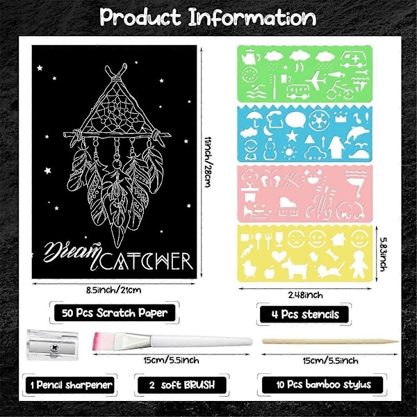 67 st Scratch Paper Art Set Barn Vuxna Scratchboard Hantverk Kit 50 Ark 21,6 x 27,9 cm A4 Svart Belagt Scratch Paper