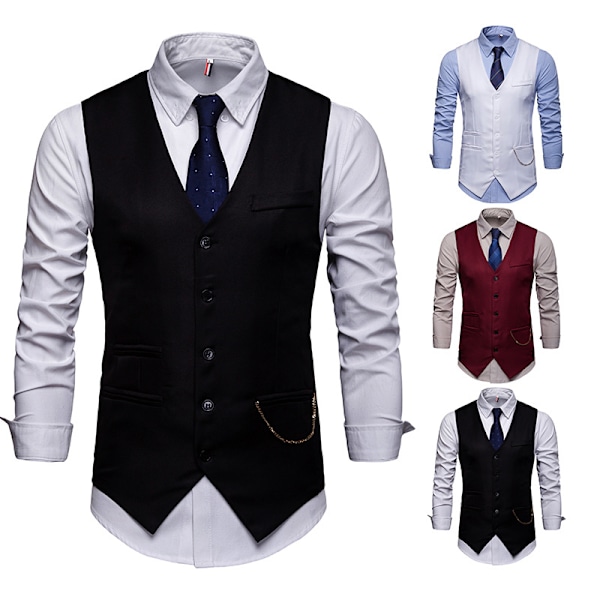 Mænds V-hals Vest Single Breasted Slim Fit Mode Vest White L