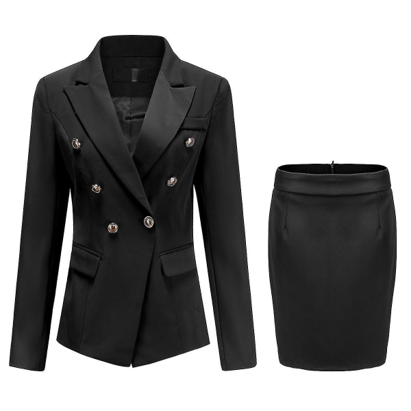 Yynuda dame 2-delt elegant kontor dame professionel kjole dobbeltradet forretningsdragt (blazer + nederdel) Black XL