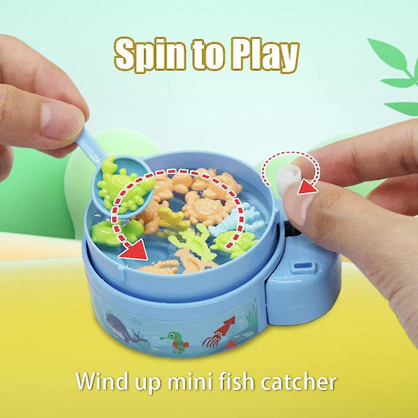 Fiskelekar, springwind-up leksaker med mini fiskenät förvaringslåda, låt oss gå spel