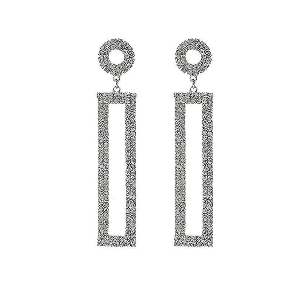 Rhinestone Long Drop øredobber, geometrisk rektangel Hypoallergen smykker gave til kvinner (sølv)