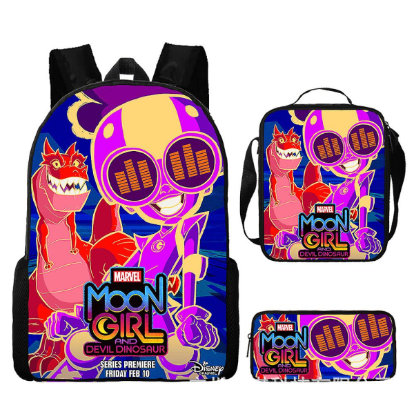 Moon Girl ja Devil Dinosaur -lasten reppu 3 kpl/setti Kuviollinen Marvel-kynäkotelo Olkalaukku Tyttöjen koululaukku Lahja 15 Backpack