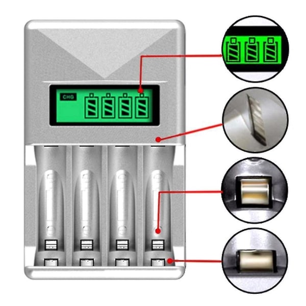 Batterioplader med 4 slots Smart Batterioplader til Aa / Aaa Nicd Nimh Genopladelige Batterier Lc