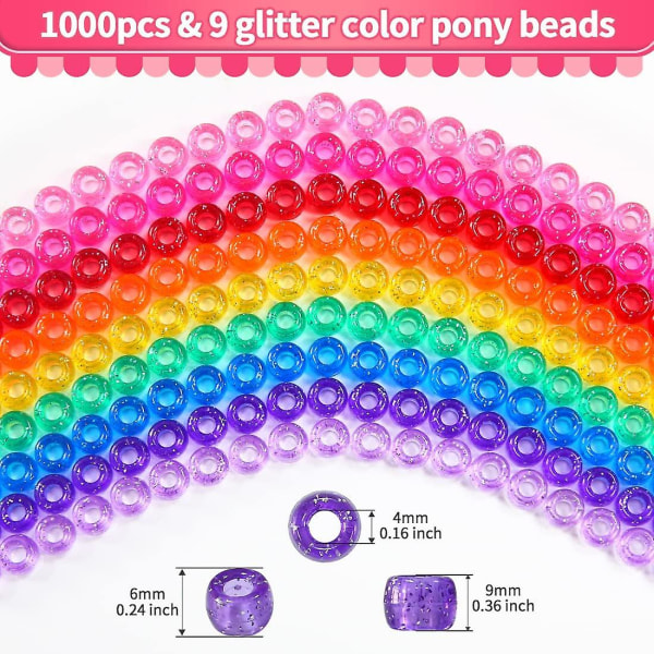Glitter ponyperler - 1000 perler til smykkefremstilling, håndværk og hårfletninger