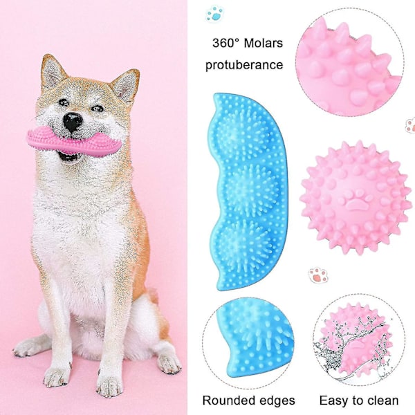 4 stycken hundtuggleksaker, sfäriska och prickiga hundtuggare för valptandborstning