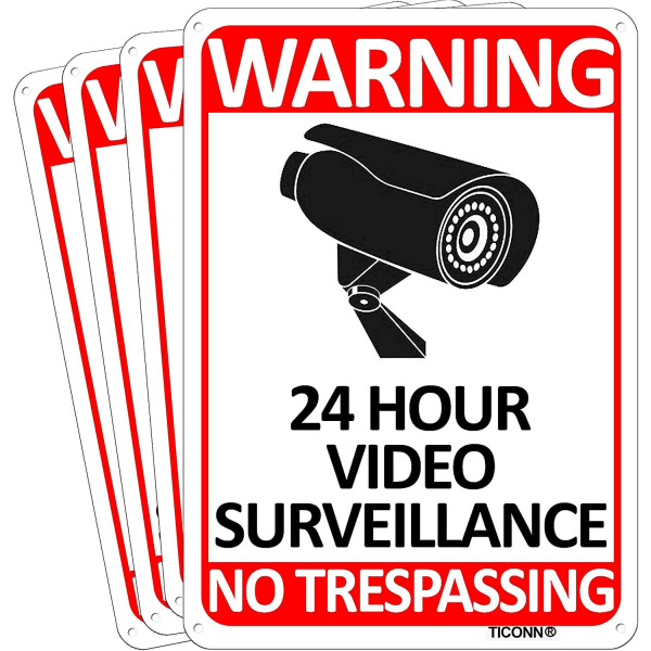 4-pack 24-timmars videoövervakningsskylt, varningsskylt i aluminium utan intrång, 10''x7'' för CCTV-säkerhetskamera - reflekterande, UV-skyddad