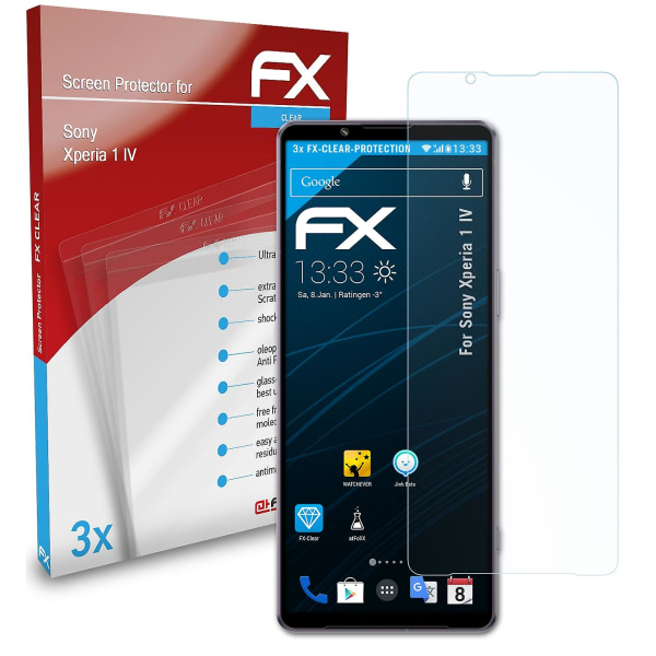 atFoliX 3x skyddsfilm kompatibel med Sony Xperia 1 IV skärmskydd klar 01 FX-CLEAR