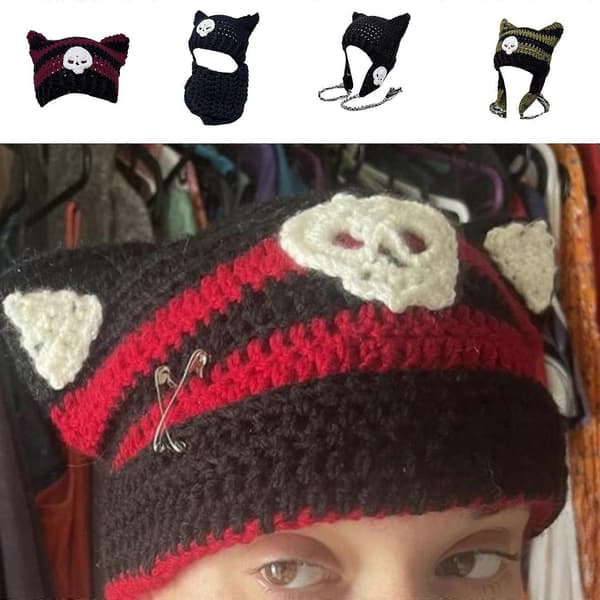 Håndlavet Katteøre Hat Y2K Sød Pige Beanie Hat Pilling-Resistent Efterårs Bobble Hat Kvinde Pullover Hat Sød Hæklet Hat Black and gray strip
