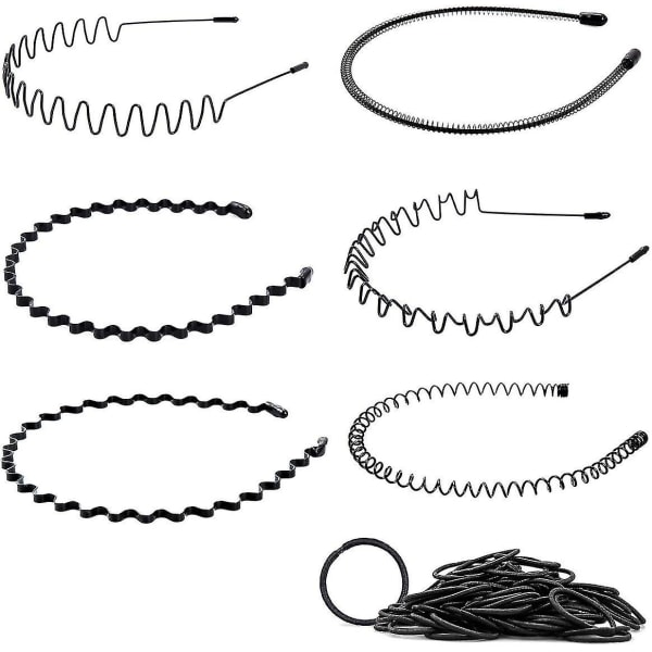 6 stykker elastiske bølgede pandebånd, pandebånd Metal pandebånd til mænd pige (sort)