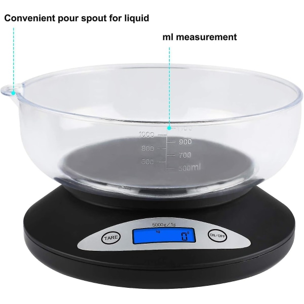 Digital kjøkkenvekt, Ascher 5000g elektronisk matvekt med bakgrunnsbelyst LCD-skjerm, modus og tarafunksjoner 5000 X 1g 1stk Svart+hvit)