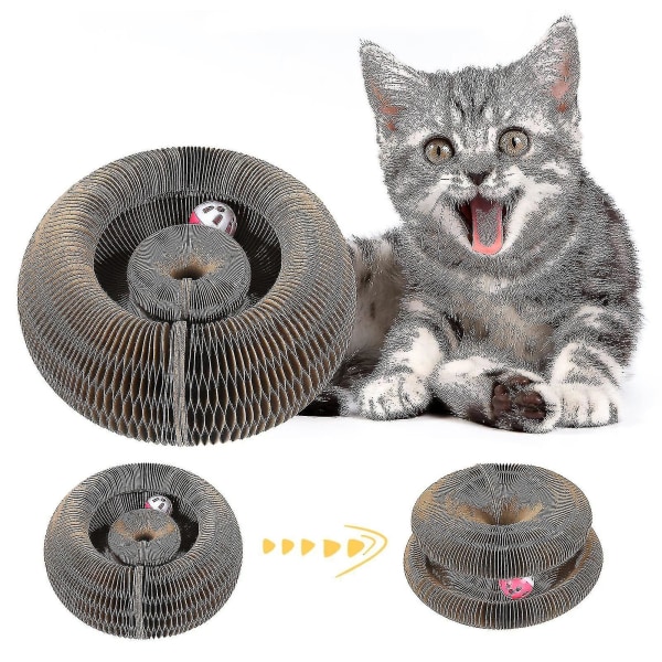 Kattelegetøj, foldbart rundt magisk orgel Katteskrabebræt, 2-i-1 kradsemåtte, Kattepap med klokke (grå)