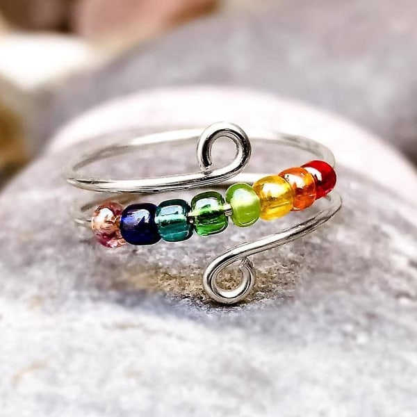 Drive Your Anxiety Rainbow Beads Fidget Ring,justerbar angstring for datter,ring With Beads S