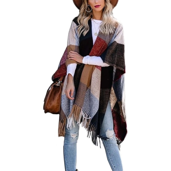Boho Buffalo Plaid Poncho Damkappa med tofsar för kvinnor