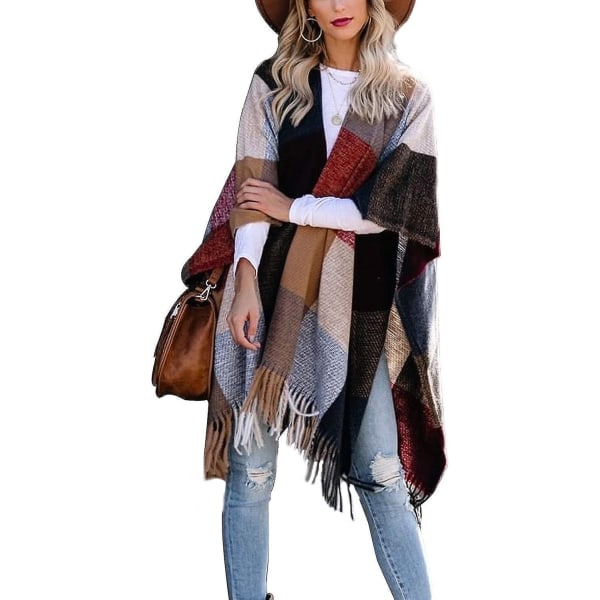 Boho Buffalo Plaid Poncho Women's Shawl Wrap With Tassel Accents