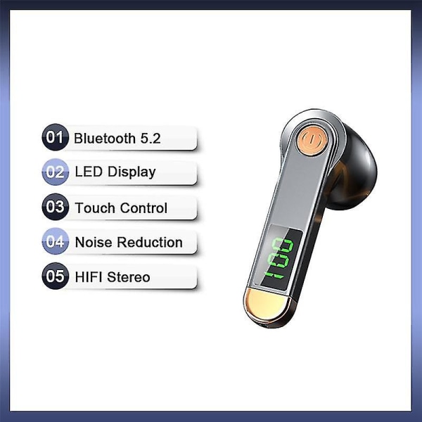 Bluetooth 5.2-hörlurar med LED-digitaldisplay Trådlösa hörlurar 9d Sport Vattentäta öronsnäckor