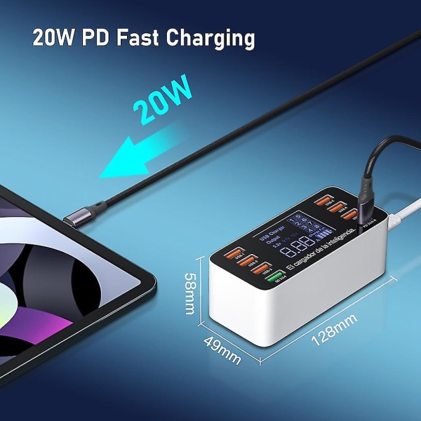 60w 8-portars USB-telefonladdare Qc3.0 Typ C USB C Snabbladdare Quick Charge 3.0 Smart LED-display (EU
