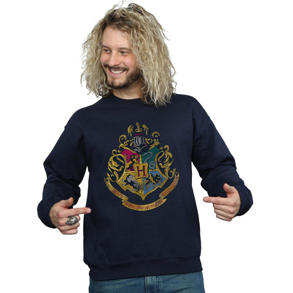 Harry Potter Hogwarts Distressed Crest Sweatshirt til mænd Navy Blue Medium