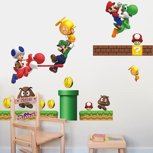 Klassiskt spel tecknat Super Mario väggklistermärke för barnrumsdekoration