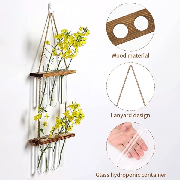 Vægmonteret urtepotte, 2-etagers planteavlsstation, glasbeholder med træramme, dekoration til hjemmet