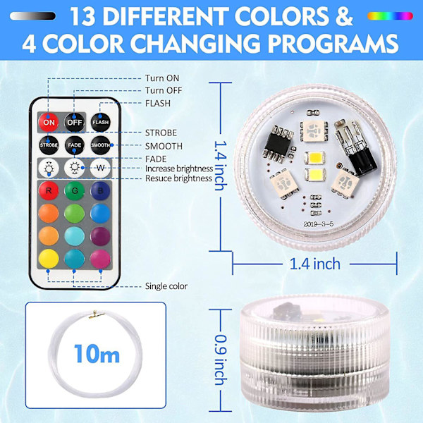 10 stk. Mini undervanns LED-lys, Aled lys undervannslys vanntett RGB flerfarget LED stearinlys med 2 fjernkontroller for svømmebasseng