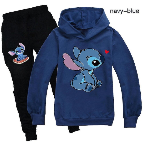 Lilo Stitch Treningsdrakt 2 stk hette topp hettegenser bukse antrekkssett Sportsklær for barn Navy 120cm