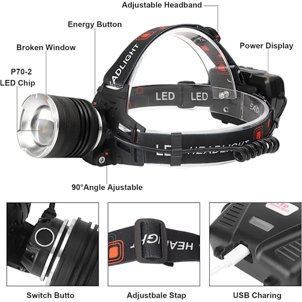 LED-otsalamppu, ladattava, 90 000 lumenia, erittäin kirkas, 5