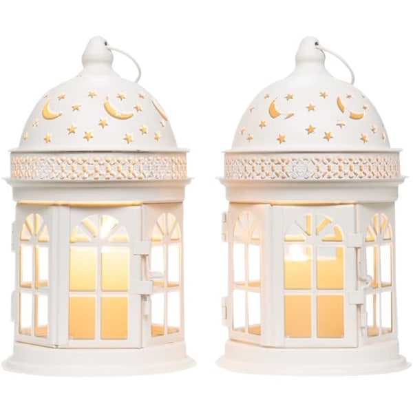 Sett med 2 dekorative lanterner 21 cm høy anheng i vintagestil metalllysestaker for innendørs og utendørs fester og bryllup (hvit)