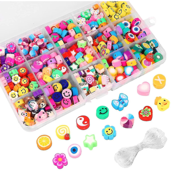 300 stk Polymer Clay Beads, frukt Smiley Håndlagde Perler 15 Stiler Blomst Bokstav