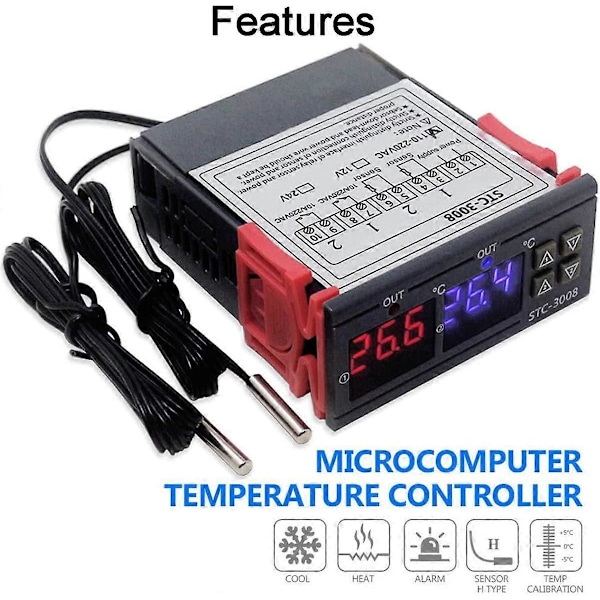STC-3008 AC 110V-220V Lämpötilan termostaattiohjain, digitaalinen lämpötilan ohjain kaksoisnäytöllä ja kahdella NTC-anturilla, lämmitys ja jäähdytys