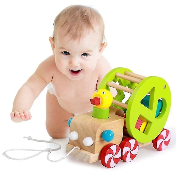 Ankunge trä, vagn pedagogisk dra leksak för baby