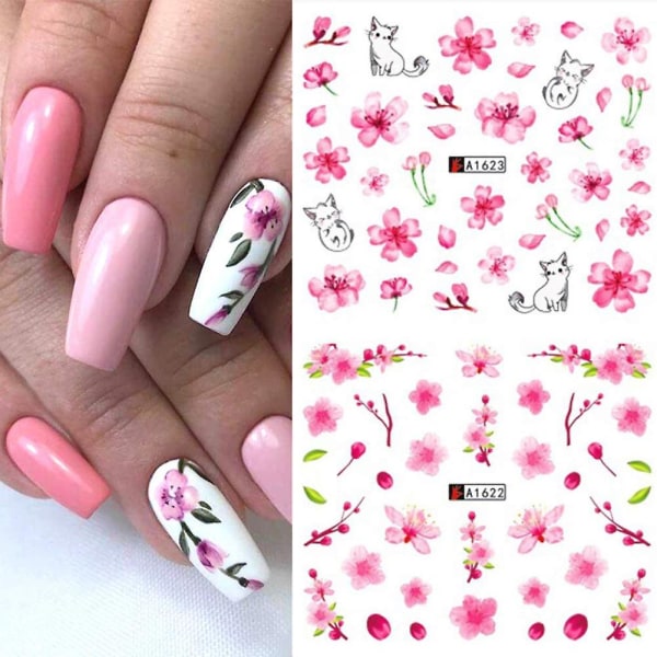 Sakura Negle Vann Klistremerker Klistremerker Rosa Kirsebærblomster Tre Med Blader Neglekunst Sliders Sommer For Neglekunst Dekorasjon Vannmerke Blomsterdesign Folie