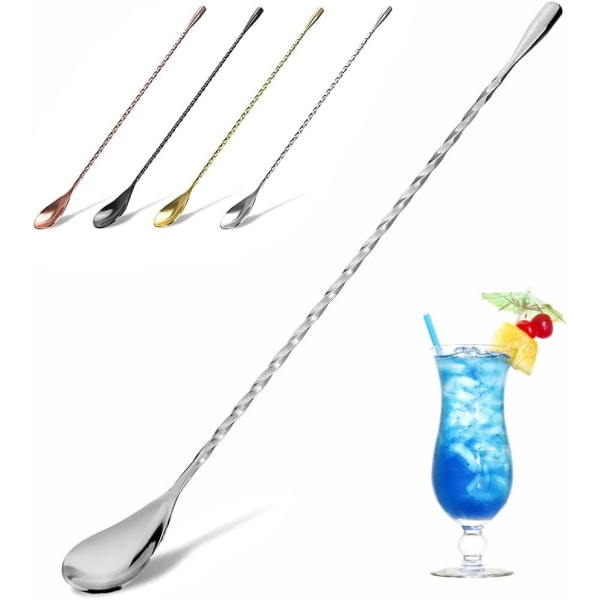 Cocktail Ske, Rustfrit Stål Bar Teske Lang Skaft Cocktail Shaker Spiral Design Perfekt til Omrøring og Lagdeling af Drikke (Sølv) silver