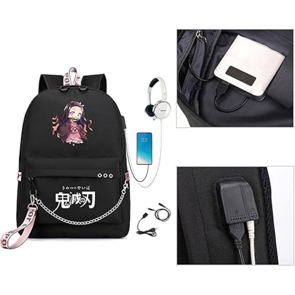 Demon Slayer Ryggsekk Nezuko Kimetsu med USB-ladeport, personlig uformell