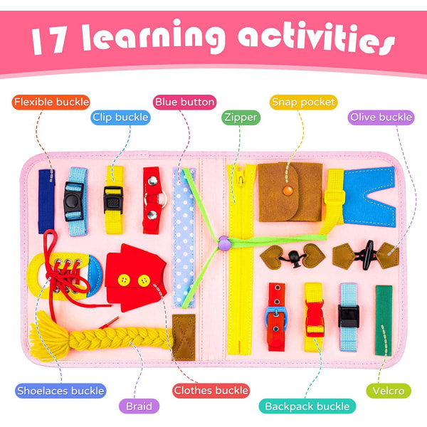 Toddler Busy Board 4 etager, Activity Board Sensorisk Board, Montessori-legetøj til babydrenge 3 4 år Lærer grundlæggende livsfærdigheder Pink clip clock model