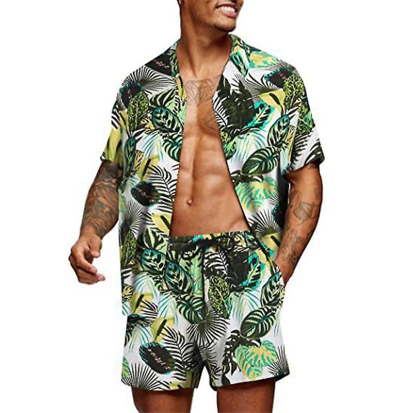 Hawaii blomsterskjorter for menn, korte buksersett Sommerstrandferie Uformelt kortermede topper + shorts-antrekk D 2XL