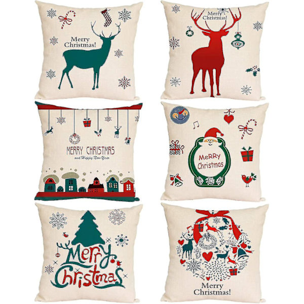 Set med 6 kuddfodral i hemmet, julkuddar, kompatibla med soffa och säng, örngottsfodral heminredning (45 x 45 cm)