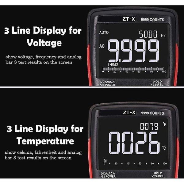 Profesjonelt digitalt multimeter - True-RMS-skjerm, 3-linjers 9999 AC-temperaturskive