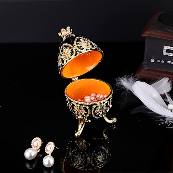 Emaljeret Fabergé æg, dekorativ hængslet smykkeskrin med funklende rhinsten, unik gave/pynt til hjemmet, kommode, fødselsdagsfest (sort) black