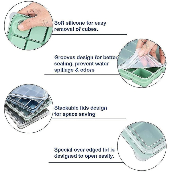 3 pakke isterningbakker, silikone isterningforme med stænksikre låg, 45 terninger,