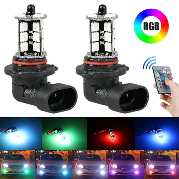 2x 9006 LED 5050 RGB Bil Forlygte Tåge Lys Pære Med Fjernbetjening