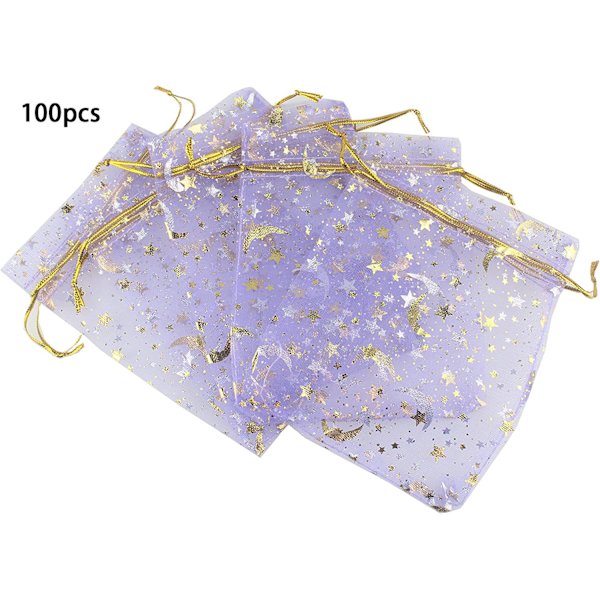100 kpl tähti- ja kuukuvioisia organza-korulahja- ja karkkipusseja, joissa on kiristysnauha (violetti)