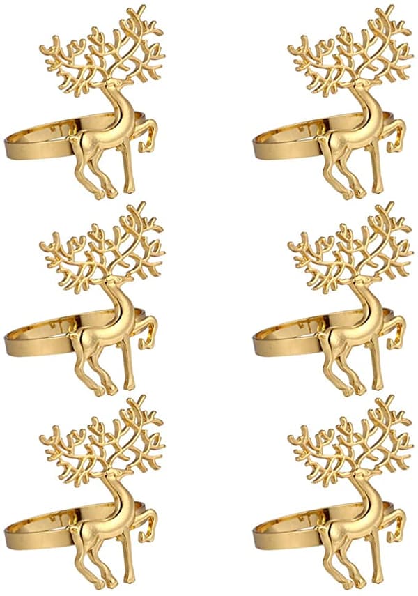 Sæt med 6-rings servietter og julehjorte (guld)