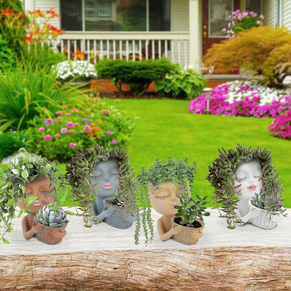 Ansigt Planter Pot - Dobbelt urtepotter i én til indendørs udendørs planter Resin Cute Lady Face grey